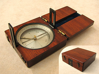 19th Century mahogany cased surveying compass with dual sight vanes